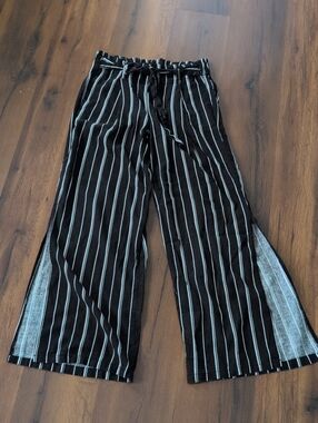 Rewash Black and White Striped Wide-Leg Pants with Tie Waist